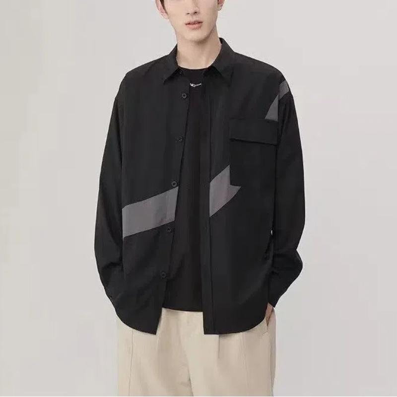 

Japanese Men s Spring Autumn New Patchwork Square Collar Button Fashion Solid Loose Versatile Casual Long Sleeved Shirts L бежевый