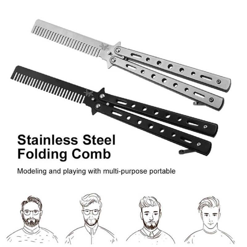 Foldable Practice Training Butterfly Comb Stainless Steel Beard Moustache Brushe Salon Hairdressing Styling Tool