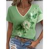 Summer V-neck 3D Flower Themed Pattern Printed Top Fashionable Casual Short Sleeved Women's T-shirts