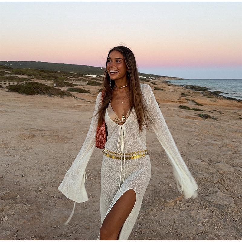 New Beach Dress Sexy Hollow See-through Sunscreen Clothing Spring and Summer Knitted Seaside Vacation Long Skirt