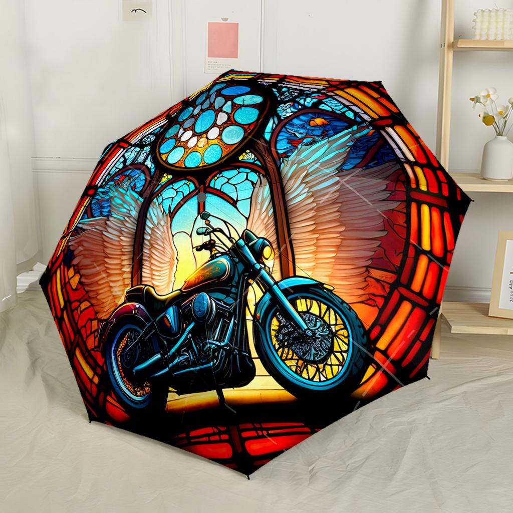 Buntglas Motorrad Kunst Automatischer Regenschirm Kompakt 8 Speichen Leichte Stabile Konstruktion Ganzjahres-Regenschirm für Reisen Modisches Accessoire