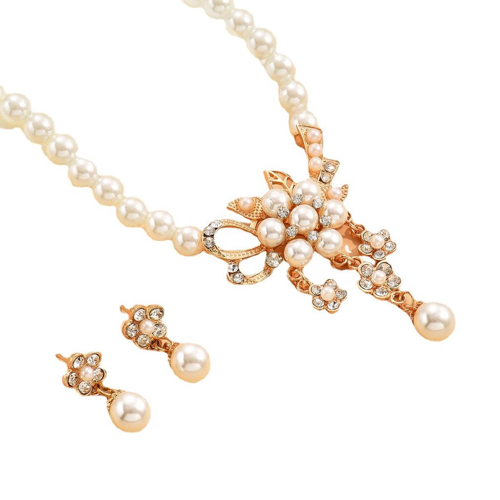 Brand New Pearl Flower Necklace Earrings Set Women's Jewelry Alloy Electroplated