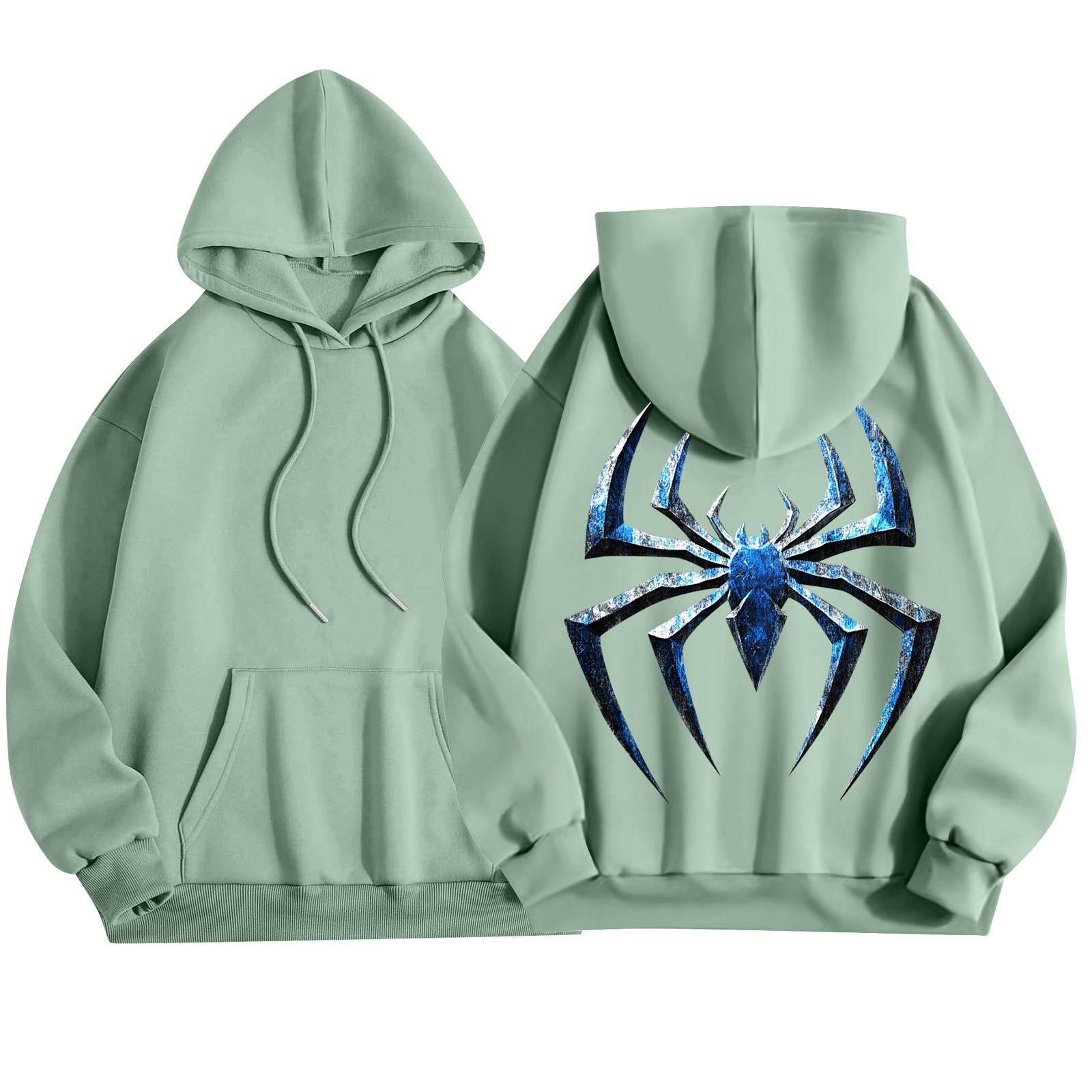 Женский модный легкий свитер с длинными рукавами и карманами с капюшоном с принтом паука — фото 7