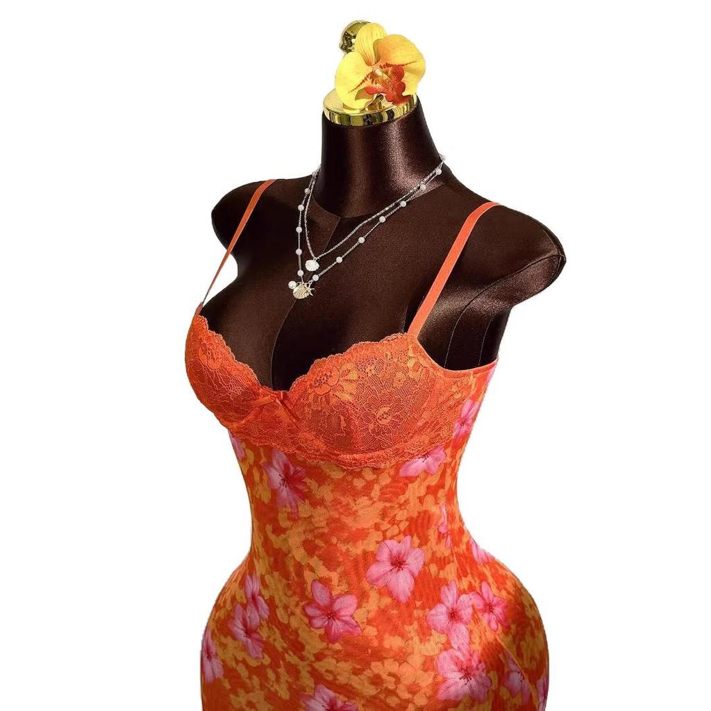 2025 Cross-border Sexy Lace Slip Dress: Waist-cinching Retro Floral Print, Backless, Hip-hugging, Ruffled Design.