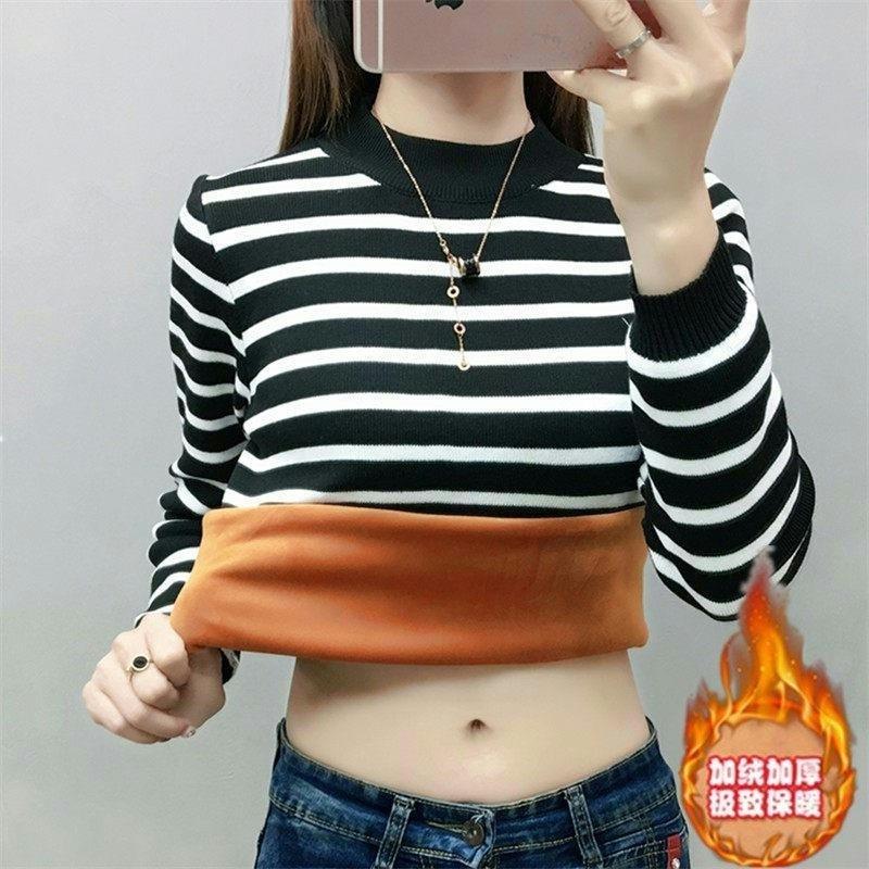 Compound fleece thermal fleece T-shirt for female students thickened autumn and winter striped long-sleeved semi-turtleneck bottoming shirt