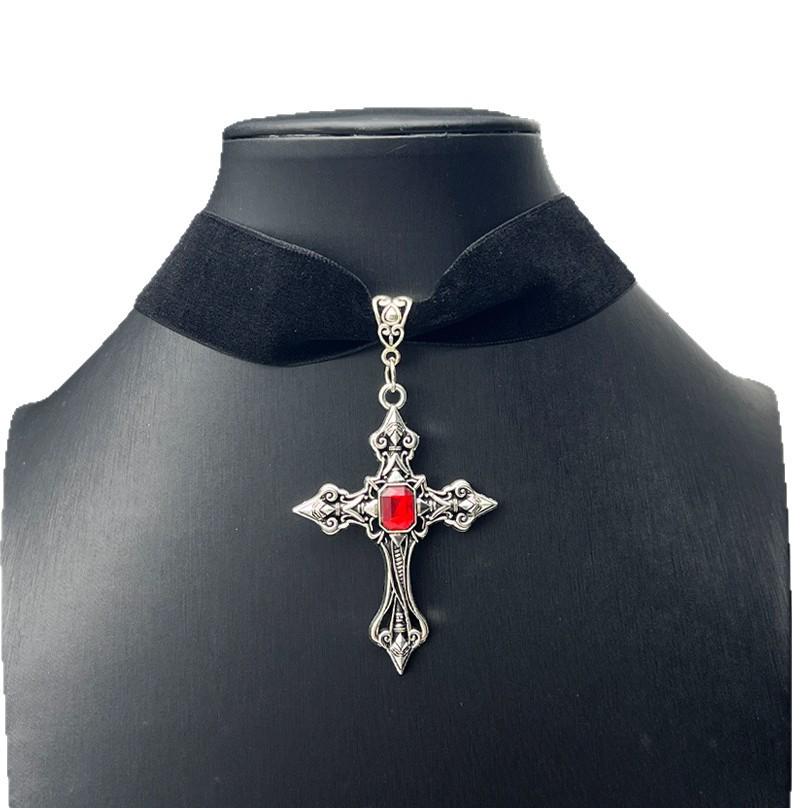 Gothic Dark Red Gemstone Cross Choker Necklace