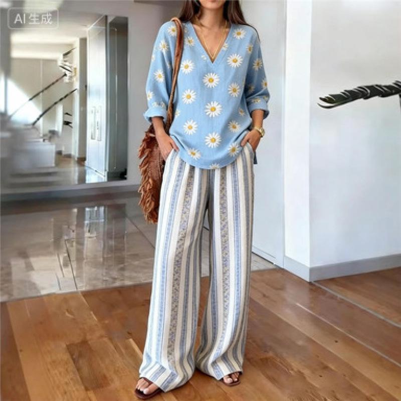 Printed temperament top wide-leg pants two-piece women's clothing European and American fashion suit