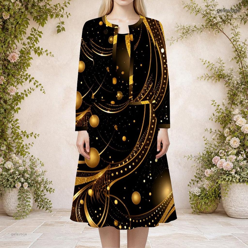 Women Plus Size 2 Piece Printed Dress Set Round Neck Long Sleeve Cardigan Sleeveless Black Blue Dress