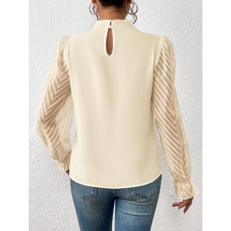 Half High Collar Long Sleeve Wavy Splicing Blouse Elegant Women Spirng Autumn Shirt Ladies Solid Color Loose Tops Sweet Simple Office Pleated Clothing