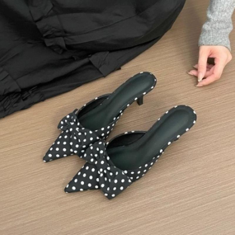 Fashion 2025 Viral Pointed Thin Heel Bow Knot Backless Slip-On Mule Slippers Women Block Heels Lazy Half Slides