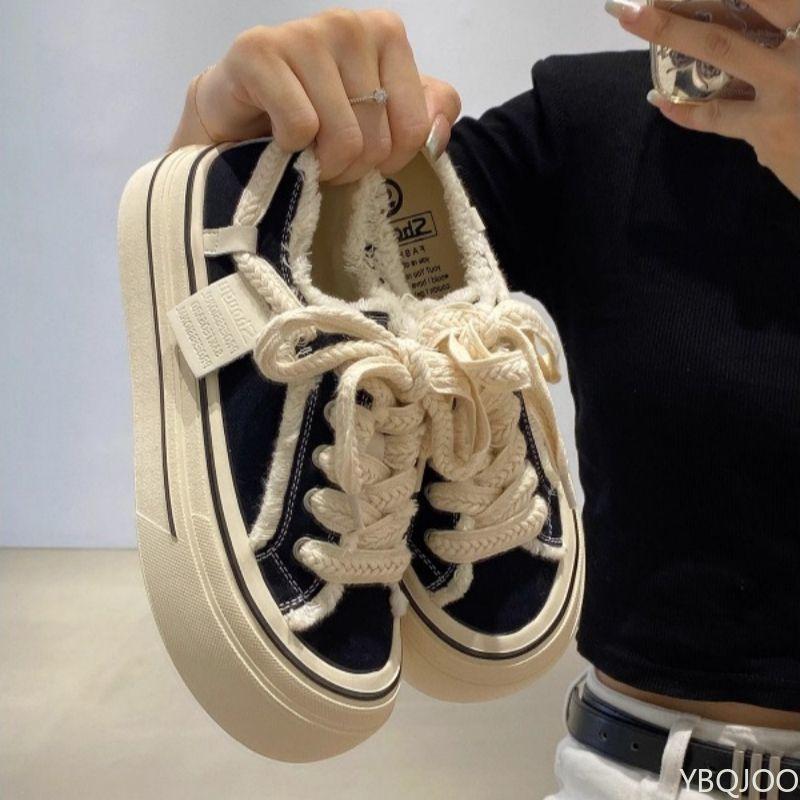 Ladies' casual Sneakers Low cut round toe board shoe Thick soled canvas shoes rough edges Fashion lace up women vulcanized shoes