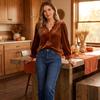 Women's V-Neck Ruffle Trim Long Sleeve Blouse Button Down Top for Business Casual Work