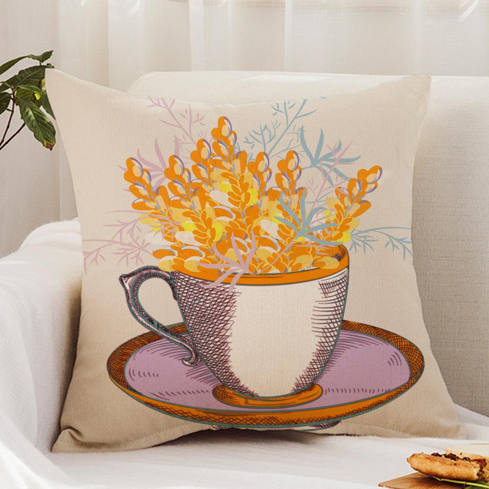 Painting Cup of Flowers Cushion Cover Premium Comfort Reversible Pillow Cover - Dual - Use Design for Home & Car
