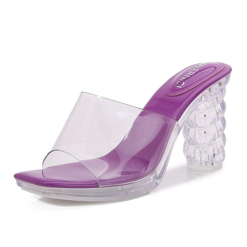 

Прозрачные туфли на высоком каблуке лето новые водонепроницаемые стол толстый каблук многоцветная платформа хрустальные сандалии шлепанцы женская мода 43 фиолетовый