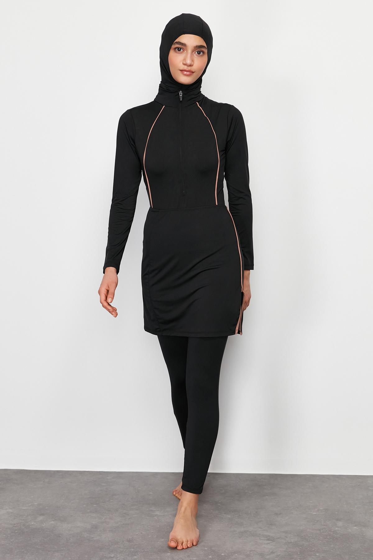 

Женский новый сезон, купальник в стиле хиджаб с черной окантовкой, детальная пляжная одежда, полностью закрытый купальник, комплект из 4 предметов