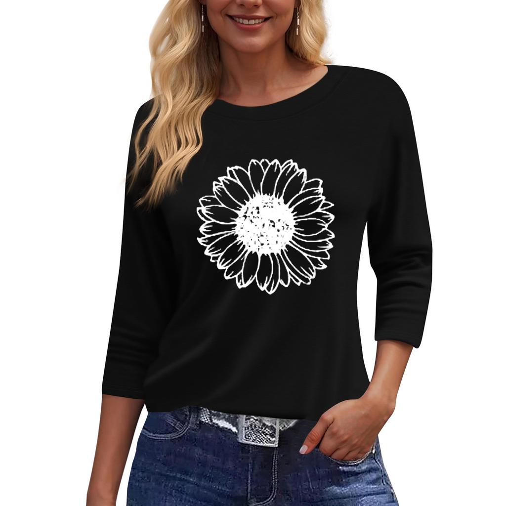 Women's Fashion Casual Round Neck 3/4 Sleeve Loose  Printed T-Shirt Ladies Top