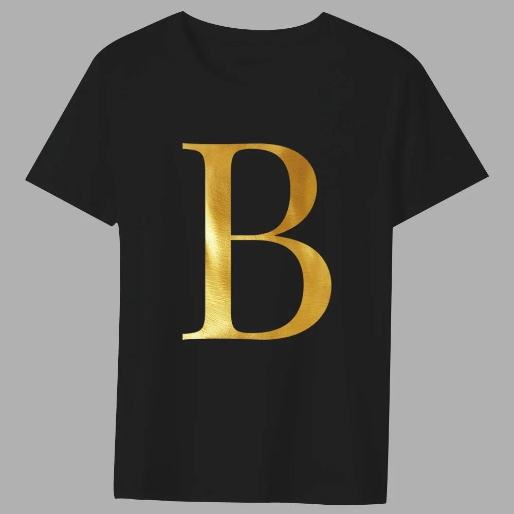 Fashion T-shirt Black Men's 26 English Letters Gold Printing Pattern Series Casual Round Neck Commuter Comfortable Top T-shirt