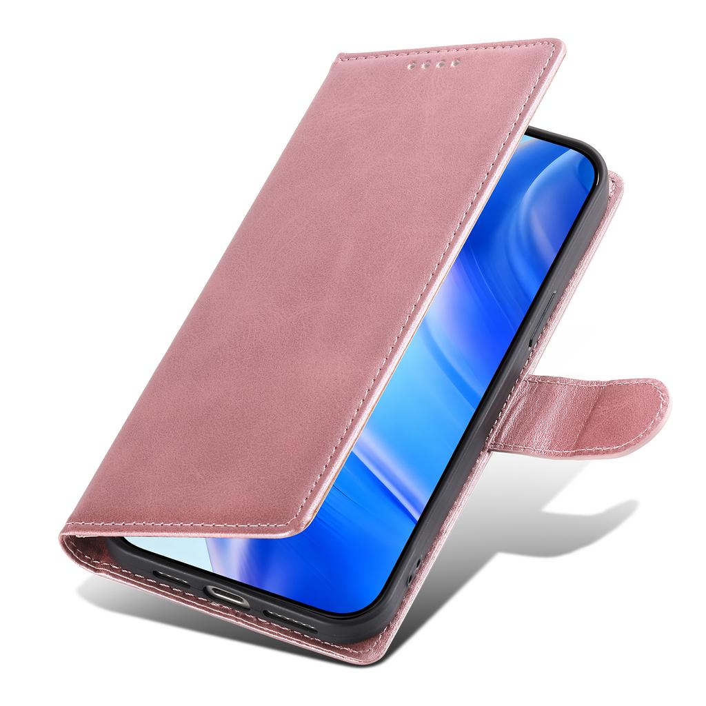 For iPhone 16 Pro Case Stand Wallet Calf Texture PU Leather Flip Phone Cover with Wrist Strap