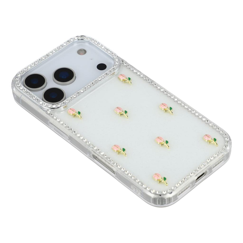 For iPhone 17 Pro Max Case Rhinestone Edge Small Tulips Decor TPU+PC IMD Phone Cover