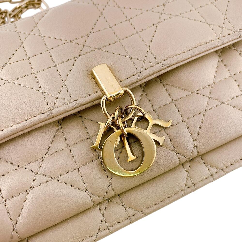 Christian Dior Logo Leather Lady Dior Wallet Chain Beige Leather Used