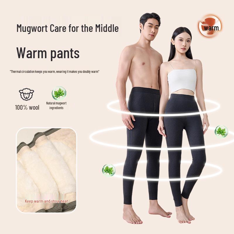 Men's Wool Camel Hair Long Leg Warmers with Knee Pads, Thickened Plus Velvet Cotton Layer, Women's Black Base Layer Pants for Autumn