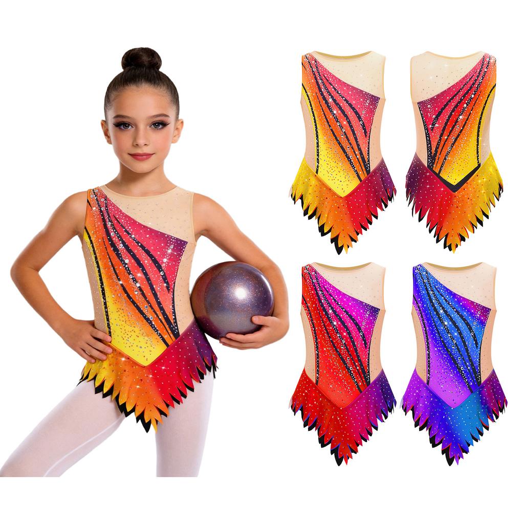 Body da Ginnastica Artistica da Ragazza Senza Maniche Patchwork in Rete Strass Color Block con Bottoni a Pressione sul Cavallo per Esibizione di Danza