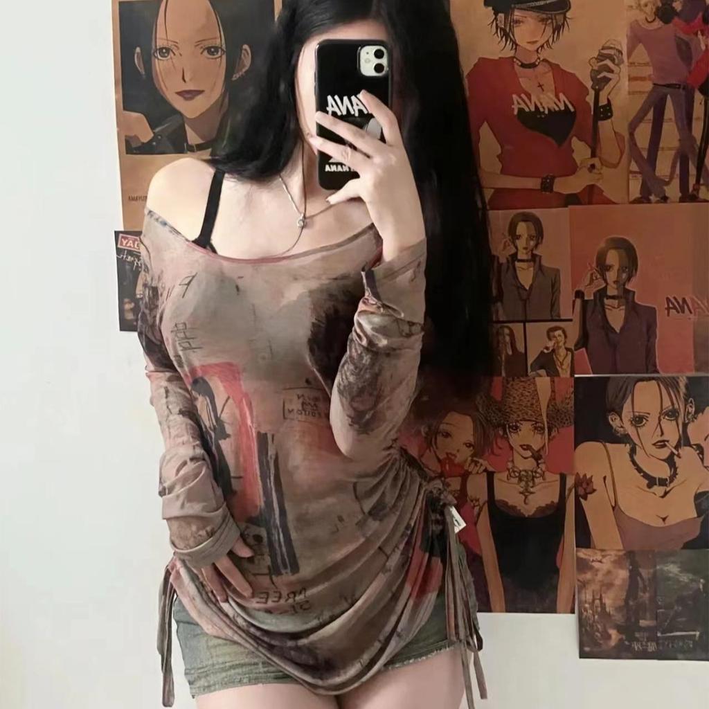 Spice Girl Style Graffiti Shoulder Mesh Female Slim Versatile Skinny Perspective Irregular Drawstring Vintage Long Sleeve Top