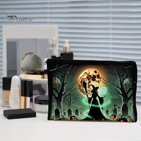 Witch Themed Travel Pouch Storage Bag, with Halloween Castle Print, Large Bag Capacity Canvas Cosmetic Organizer, for And Stationery