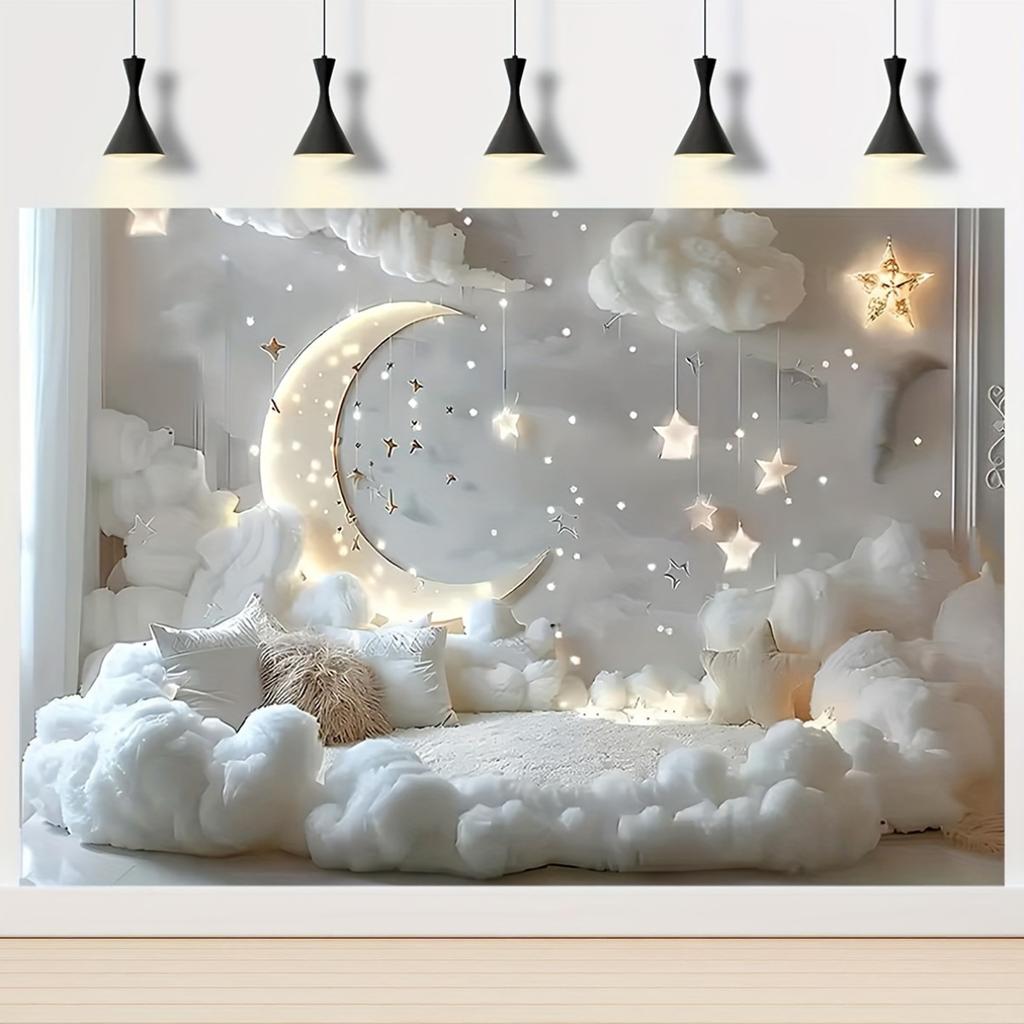 1 Stück, Wolken- und Sternen-Weiß-Baumwoll-Thema, Foto-Hintergrund für Geburtstagsfeier, Requisiten für Innendekoration, Fotografie-Hintergrund