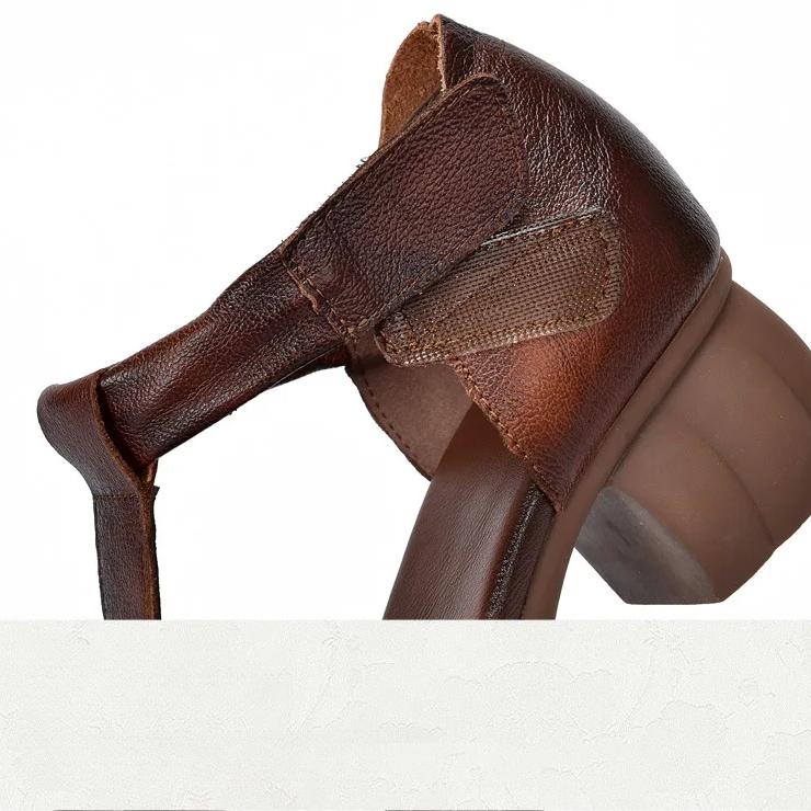 Johnature Genuine Leather Retro Round Toe Middle Heel Sandals Versatile Comfortable Thick Heel Women's Shoes