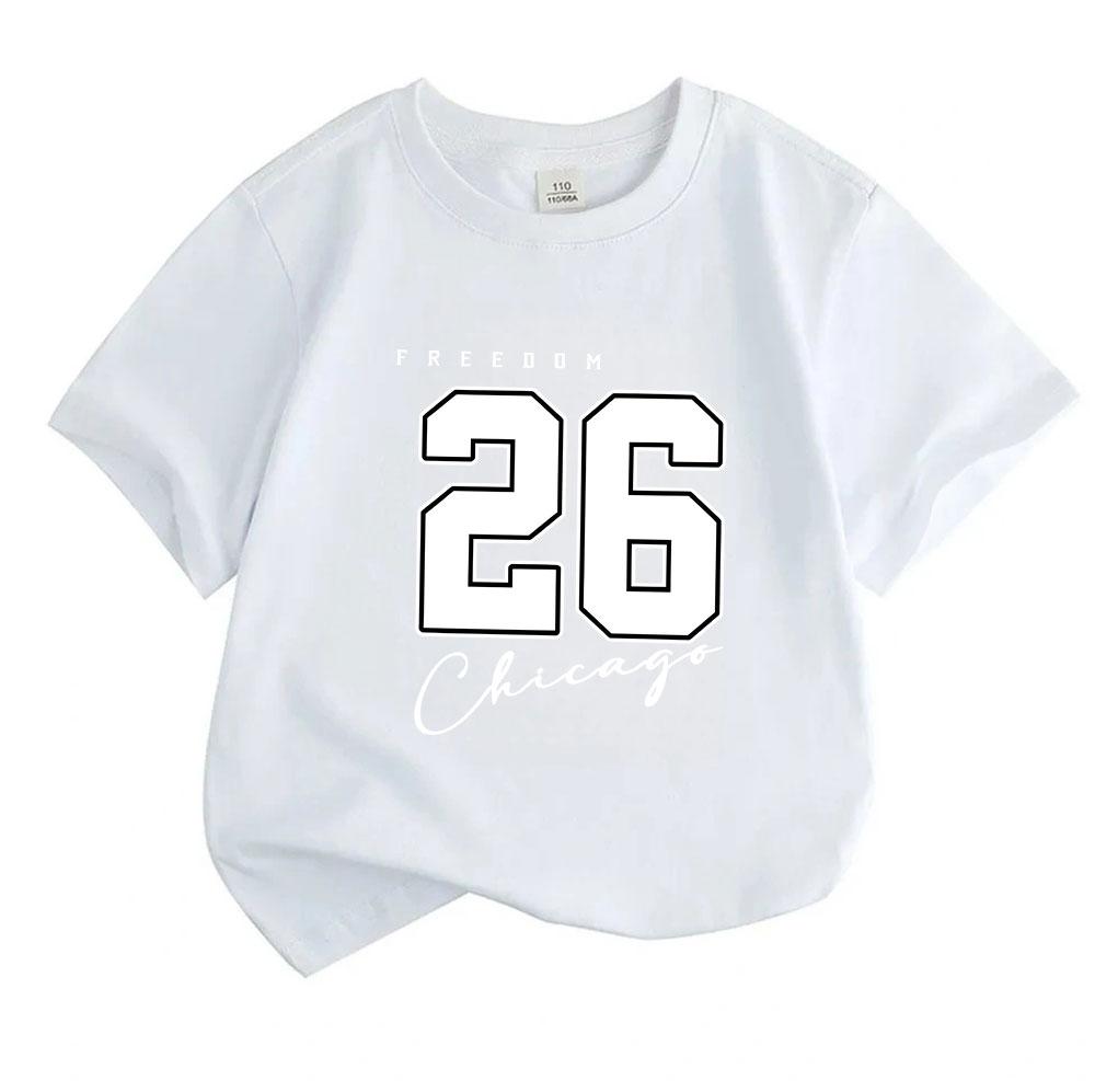 Kids Boys Girls 100% Cotton Crew Neck Short Sleeve T-Shirt, Freedom 26 Chicago Print Casual Summer Comfortable Soft Daily Tee for Children