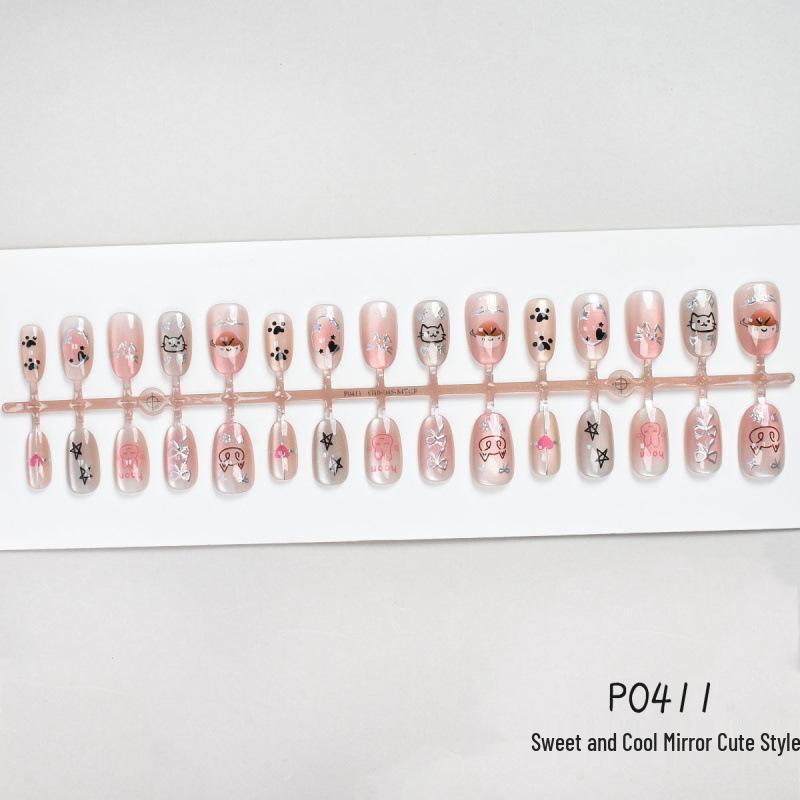 30-Piece Cute Cat Eye Mirror Nail Tips with Bow & Rabbit Cartoon Design - Versatile & Wearable Daily
