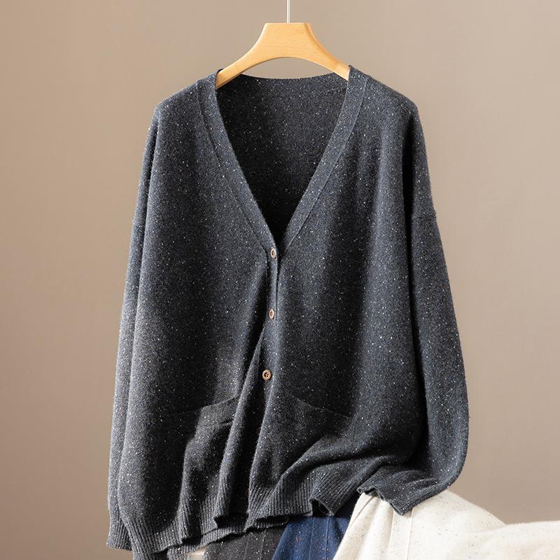 Women's V-Neck 100% Cashmere Cardigan: Autumn Winter Korean Style, Loose Fit, Slimming Single-Breasted Knit Sweater