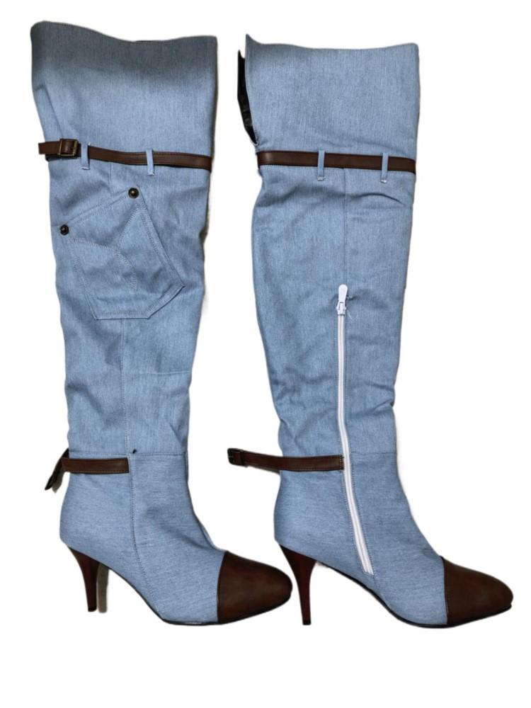 New denim boots with high heels, fashionable knee length women's boots, autumn and winter denim high heels, sexy buttons