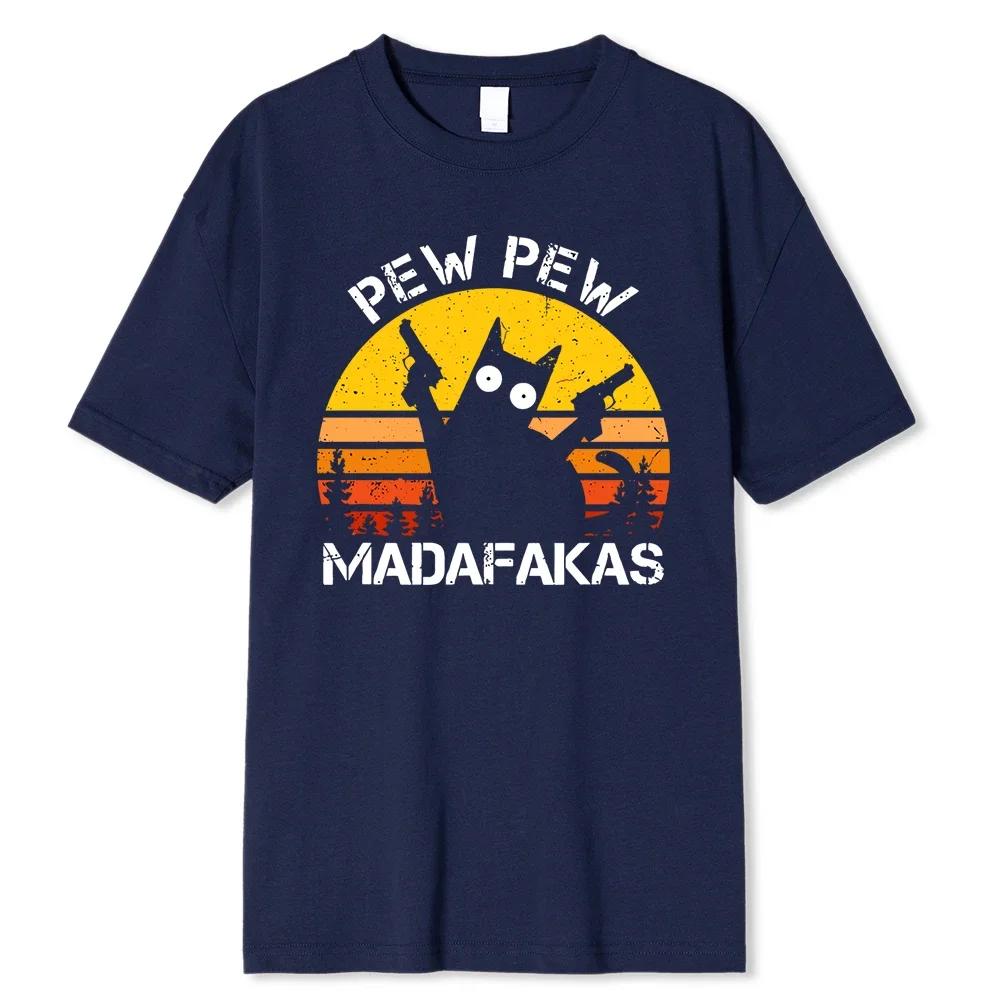 Pew Pew Madafakas Katze mit zwei Pistolen Druck Männer T-Shirts Sommer Baumwolle T-Shirts Atmungsaktiv Lose Kleidung Hip Hop Street Tees