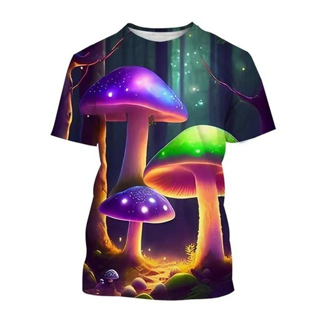 Neutrales T-Shirt mit 3D-Pilzdruck, Pflanzenmuster, Rundhalsausschnitt, kurzärmlig, Waldmode, lässiges Oberteil, hochwertige Kleidung, 6XL