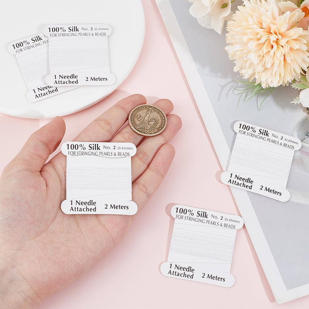 Beebeecraft 5Pcs 2.19 Yards Real Silk Cord White Basic Elements Natural Pure Silks Perlseide Stringing Beading Thread Cords for Knotting Pearls