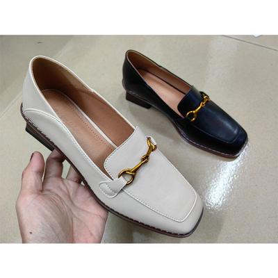 Chunky Heel Small Square Toe Shoes Genuine Leather Casual Shallow Mouth Women's Shoes Metal Inlay Mary Jane Shoes