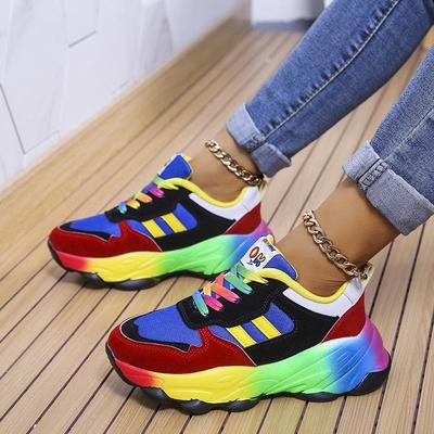 Atmungsaktive Sportschuhe für Damen in Übergröße, Flyknit Mesh, lässiger Einzelschuh, bunt, vorne zum Schnüren, Sneaker mit dicker Sohle, 35–43