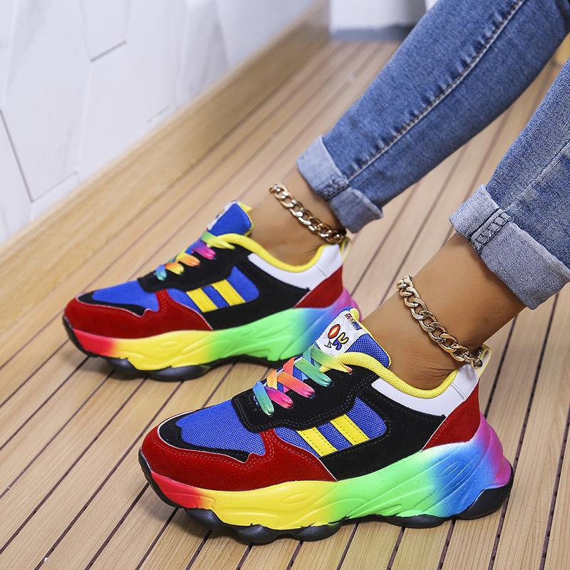 Women's Plus Size Breathable Sports Shoes Flyknit Mesh Casual Single Shoe Colorful Front Lace Up Thick Sole Sneaker 35-43