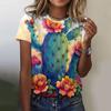 Letni T-shirt z kreskówkowym nadrukiem 3D, luźny krój, modny top z wzorem kaktusa, T-shirt z okrągłym dekoltem i krótkim rękawem, top damski