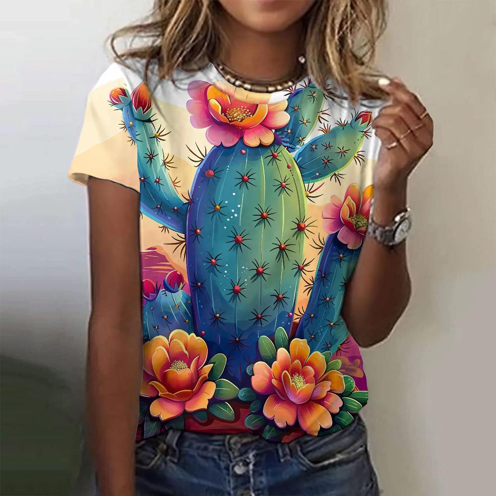 Letni T-shirt z kreskówkowym nadrukiem 3D, luźny krój, modny top z wzorem kaktusa, T-shirt z okrągłym dekoltem i krótkim rękawem, top damski