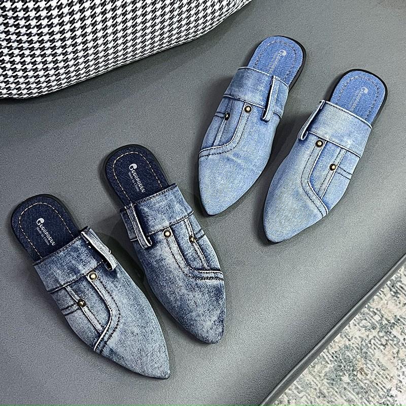Fashion Women Slippers Comfortable Versatile Slippers Women Denim Round Toe Flat 2025 New Beach Sandals Slides Women Zapatos De Mujer