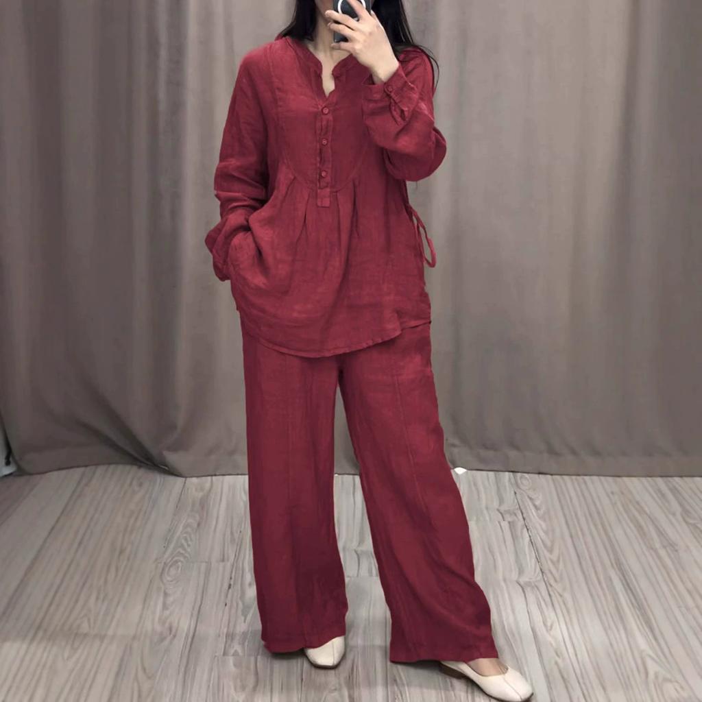 Completo da Donna 2 Pezzi Moda Ufficio Signora Cotone Lino Manica Lunga Casual Ampio Pantalone a Gamba Larga Completo Primavera Autunno Set da Donna