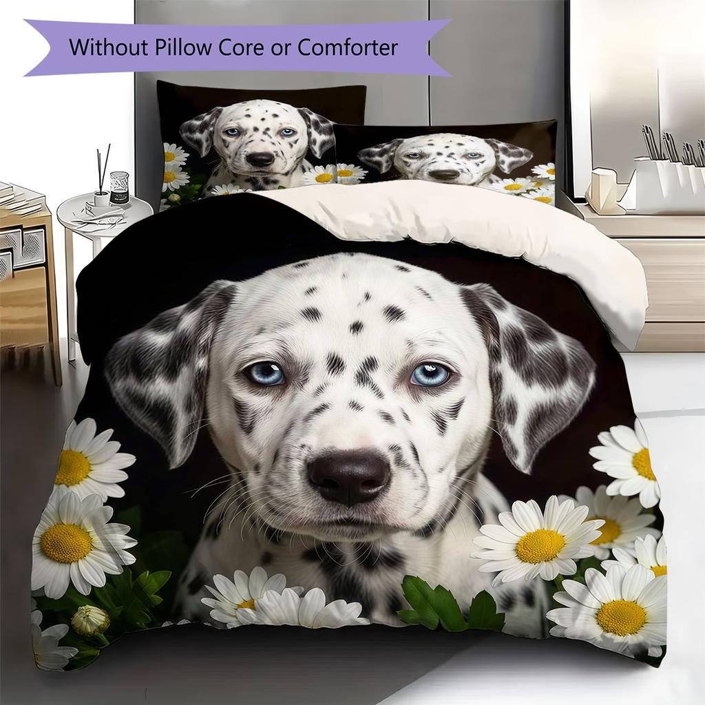 Flowers and dogs Pattern Bedding Quilt Set Quilt Cover Pillowcase Home Decoration Birthday Gift (1 * duvet cover + 2 * pillowcase, without core)