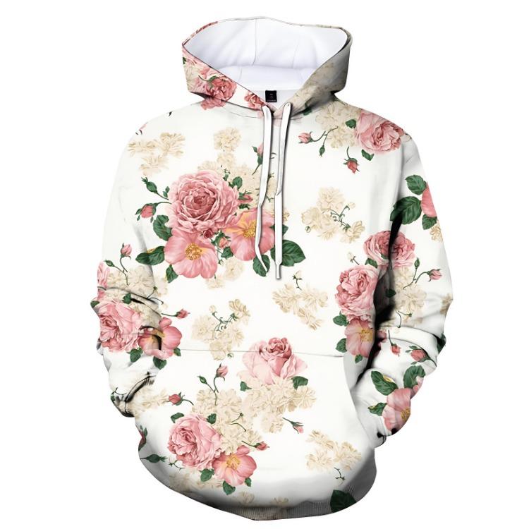 Fashion Women Retro Casual Streetwear Hoodie Long Sleeve Pullover Sweatshirt Hooded Top with 3D Printing Flower