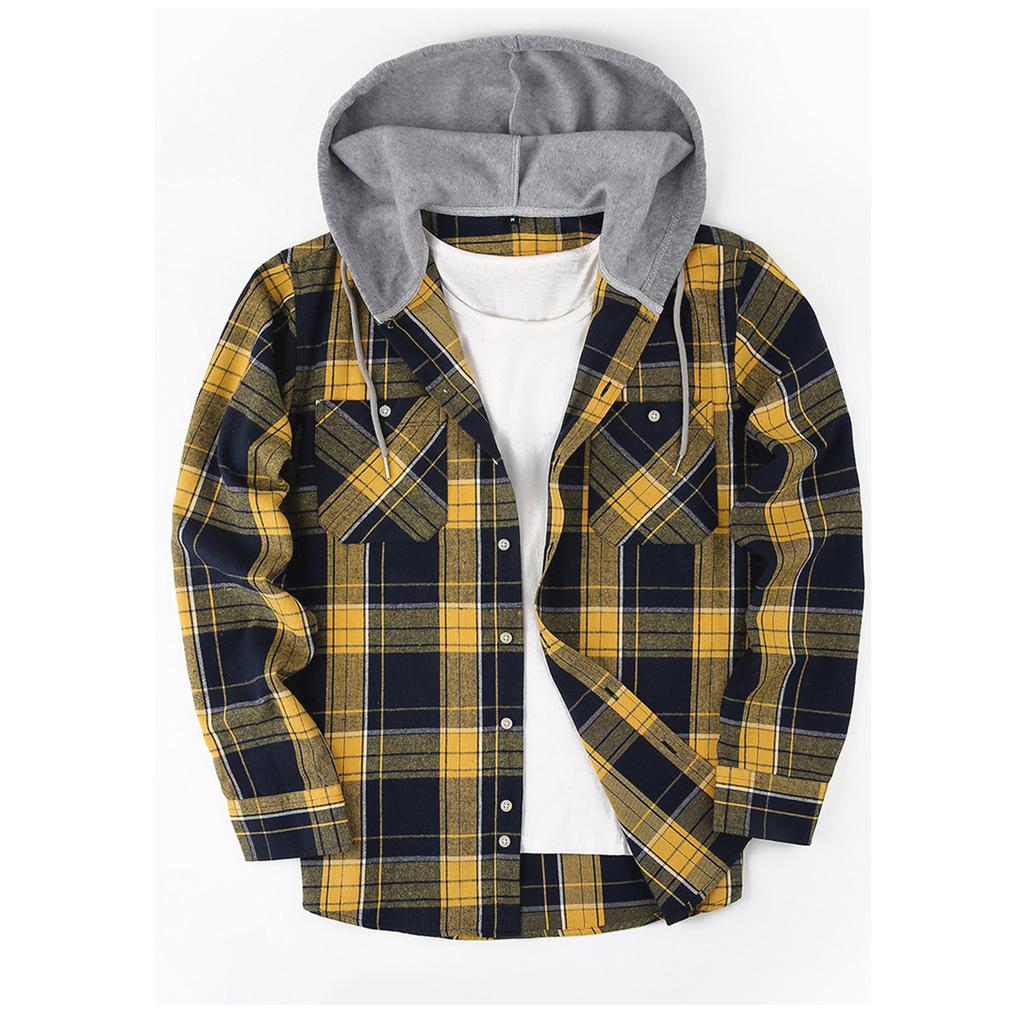 Mens Classic Plaid Long Sleeve Hooded Shirts Multi Pockets Thin Cotton Light Jacket Relaxed Fit Casual Outwear
