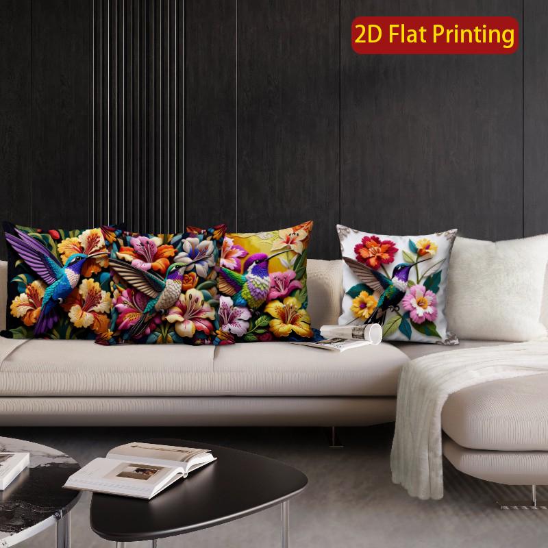 2D Vibrant Hummingbird Floral Throw Pillow Covers** Pattern Cushion Cover Suitable For Sofa Bedroom Car Pillow Cover