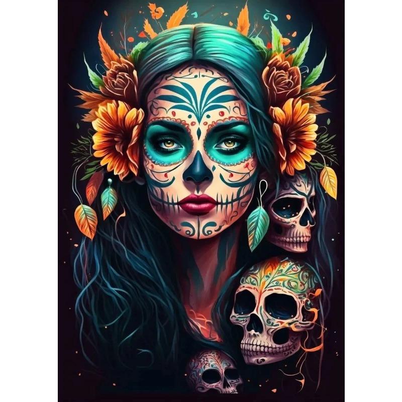 Day of The Dead Flowers and Beauty Skull Posters Prints Woman Halloween Canvas Painting Abstract Wall Art Picture Decoration