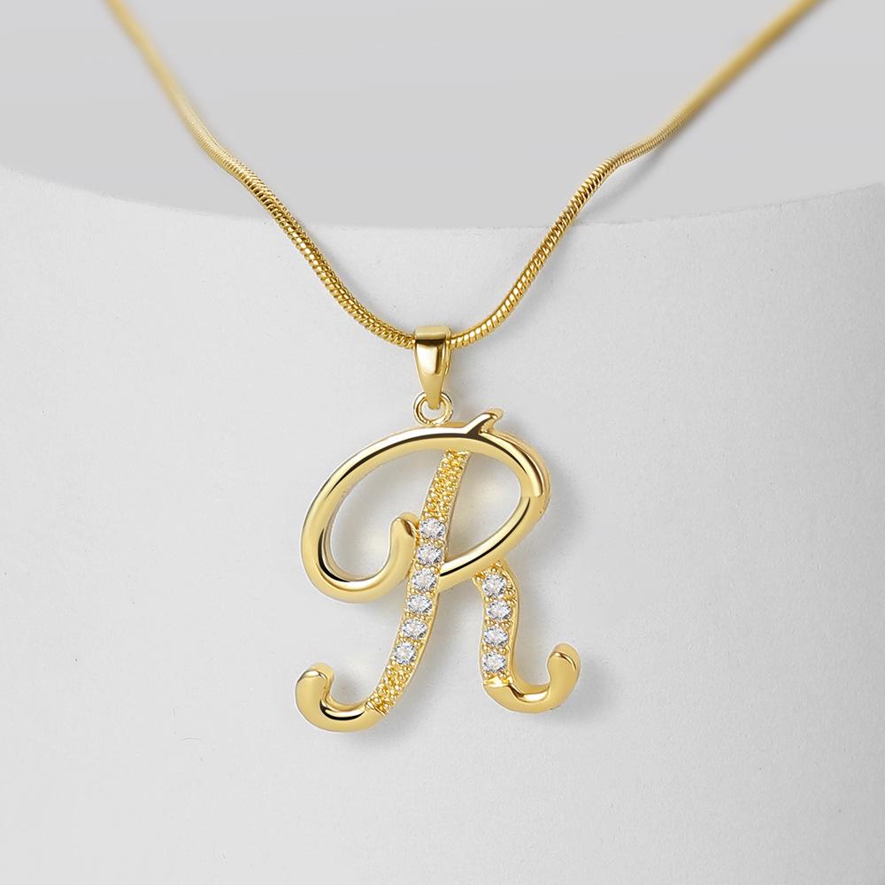 "Elegant 26-Letter Zircon Inlaid Gold Snake Chain Necklace"